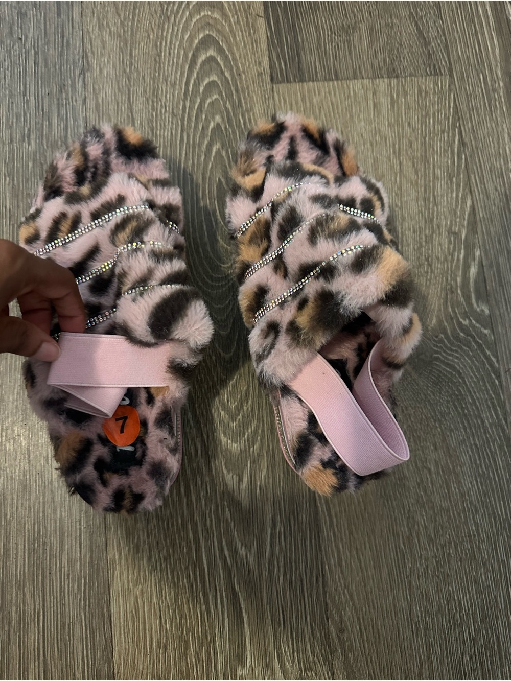 Pink Leopard Faux-Fur Ruffled Slide Sandals with Rhinestone Straps - Picture 4 of 9